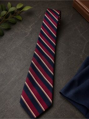 J Riggins Striped Silk Tie Burgundy Navy Gold Classic Italy Style
